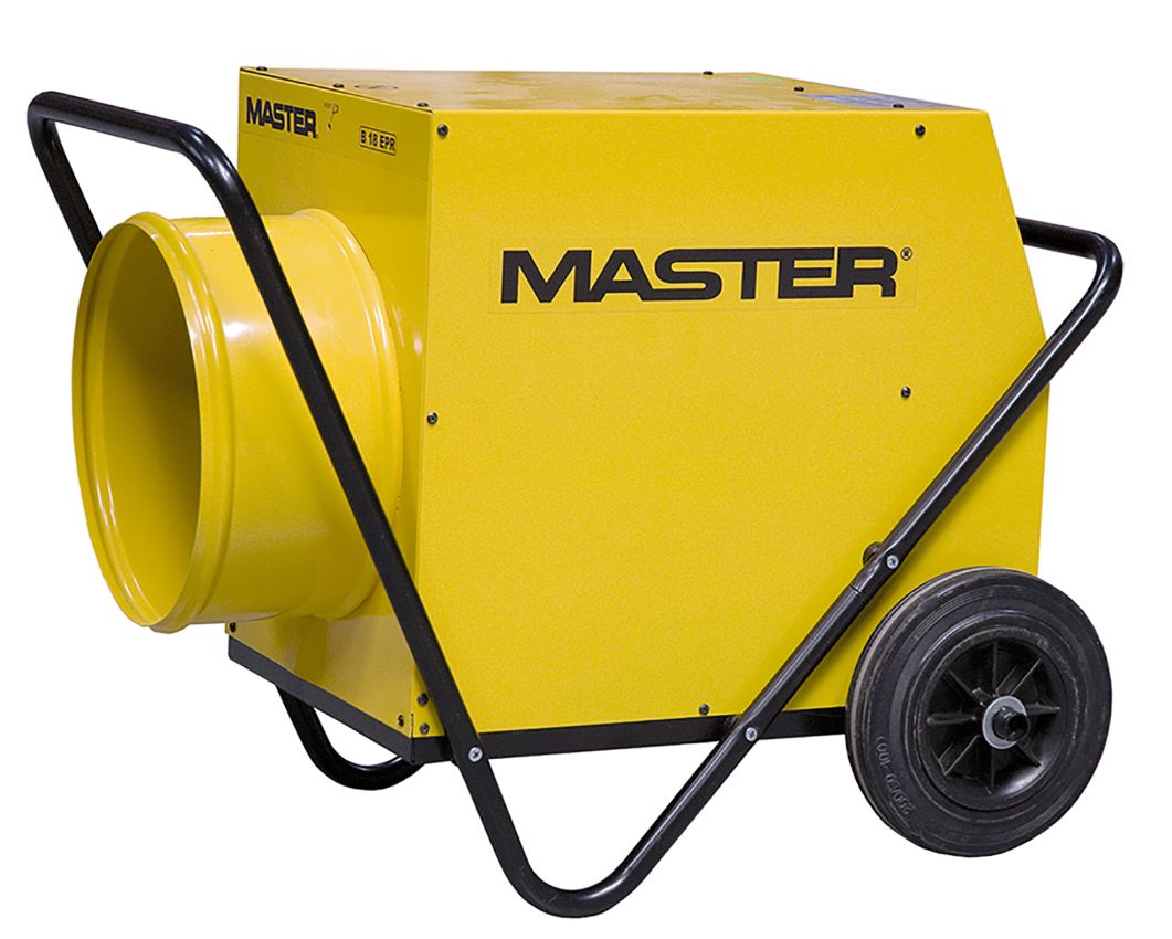 18kw 3 phase electric heater, yellow outer casing, on wheels with a pull bar for ease of movement.
